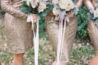 sheath gold sequin knee-length bridesmaid dresses with high neckline, long sleeves are a shiny and cool idea for a summer or fall wedding, cna be rocked at a holiday wedding, too