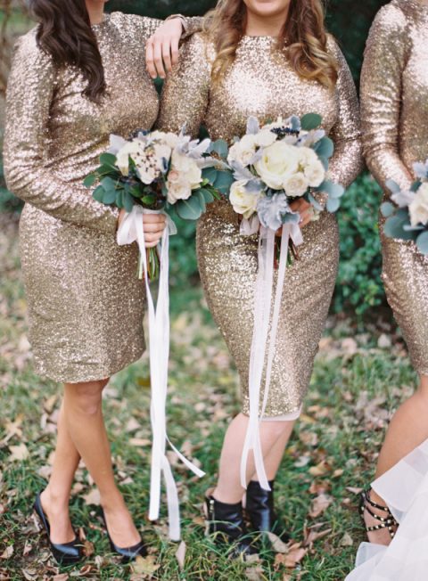 sheath gold sequin knee-length bridesmaid dresses with high neckline, long sleeves are a shiny and cool idea for a summer or fall wedding, cna be rocked at a holiday wedding, too