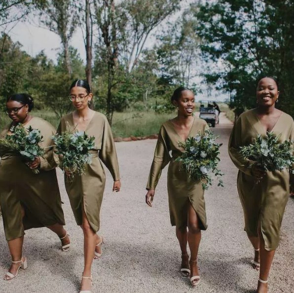 stylish and delicate pistachio wrap midi bridesmaid dresses and nude shoes are a lovely combo for a modern or minimalist wedding