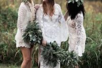 white short boho lace bridesmaid dresses with long sleeves for a trendy white bridal party