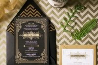 a black and gold wedding invitation for a Gatsby-themed wedding, rehearsal dinner or birdal shower