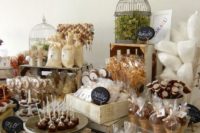 a cozy rustic candy table with cookies, candie in boxes, on crates and in cages is a cute and easy idea