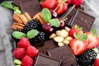 a gourmet sweets board with dark chocolate, fresh berries, nuts, herbs will just blow your mind with its tastes