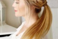 a ponytail with a bump, halo braid and some bangs down looks pretty, modern and rustic