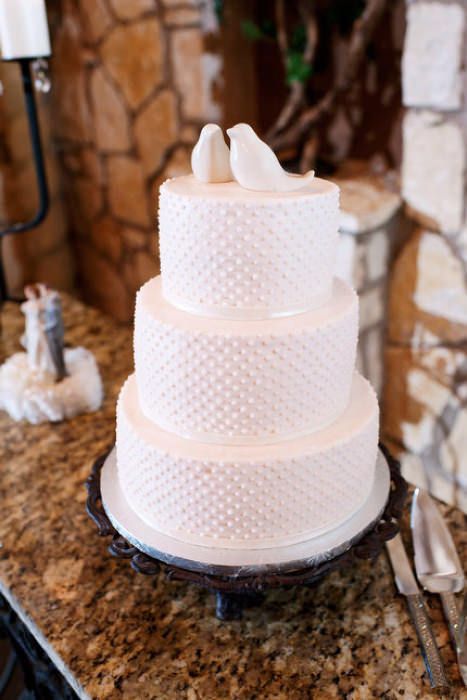 a white polka dot wedding cake with bird cake toppers is a lovely idea for a spring or summer wedding