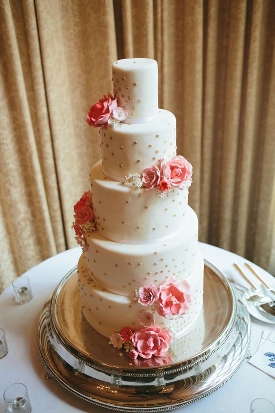 a white wedding cake with gold polka dots, pink and neutral blooms of sugar is a lovely idea for a spring or summer wedding