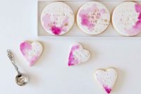 beautiful watercolor pink and gold wedding cookies are a great idea to personalize your desserts