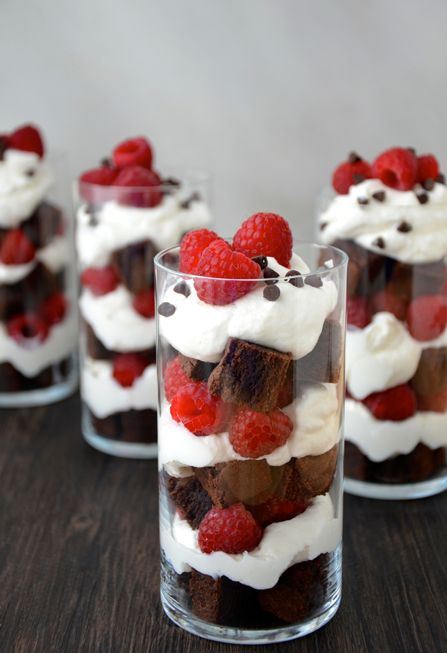 brownie trifles with whipped cream and fresh raspberries are a delicious decadent dessert to try