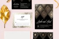 gilded ikat black wedding invitations and white envelopes for a 20s inspired wedding