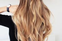long wavy hair with a fishtail braided halo is all you need for a casual and simple look