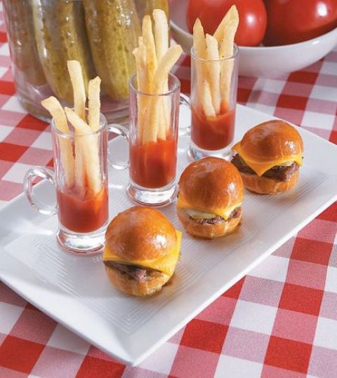 mini burgers, French fries with tomato sauce is classics for fast food fans