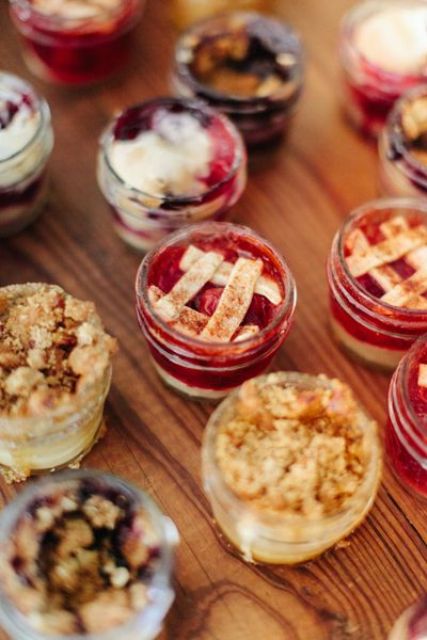 mini pies in jars are lovely and delicious desserts for a bbq rehearsal dinner