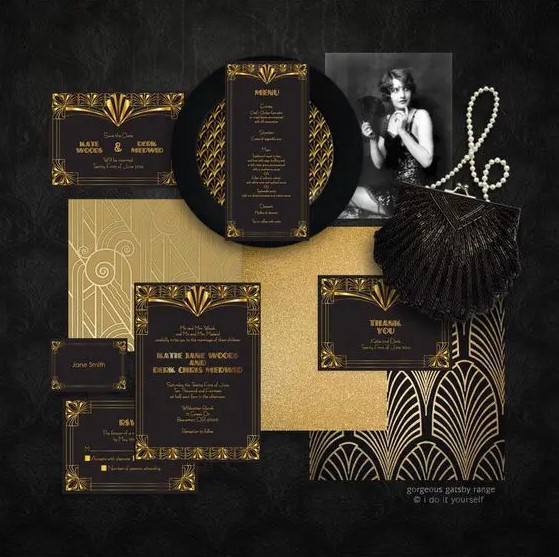 moody black, gold and gold glitter wedding stationery suite with various art deco prints