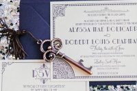 navy and purple Great Gatsby wedding or rehearsal dinner invitation suite, these colors aren’t typical but look great
