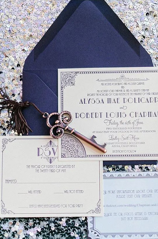 navy and purple Great Gatsby wedding or rehearsal dinner invitation suite, these colors aren't typical but look great
