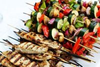 offer not only fish and meat bbq but also veggies and mushrooms to make your guests happy