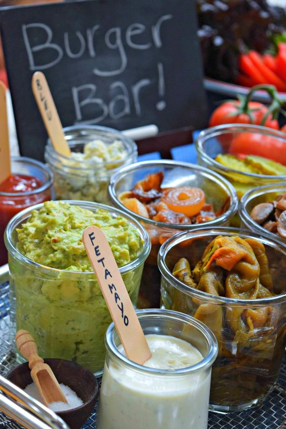 offer various dips, sauces and pickled veggies to add to burgers and sliders that your guests make