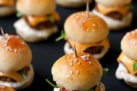 tasty mini burgers always work, you may go for varioys types including vegan ones
