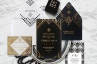 this suite fuses deco prints with bold angular lines inspired by the architecture of 1920s and 30s and is printed in gold foil and letterpressed on black and white papers