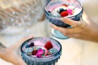wedding smoothies with dragon fruit and fresh berries are adorable for a brunch wedding and they are very healthy