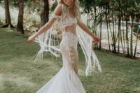 08  a fantastic off the shoulder lace mermaid wedding dress with fringe, a train and beading plus a sexy cutout right on the ABS