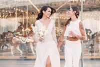74 a sexy and chic modern bridal separate with a sleeveless crop top, flare pants to show off the abs and for a boho feel