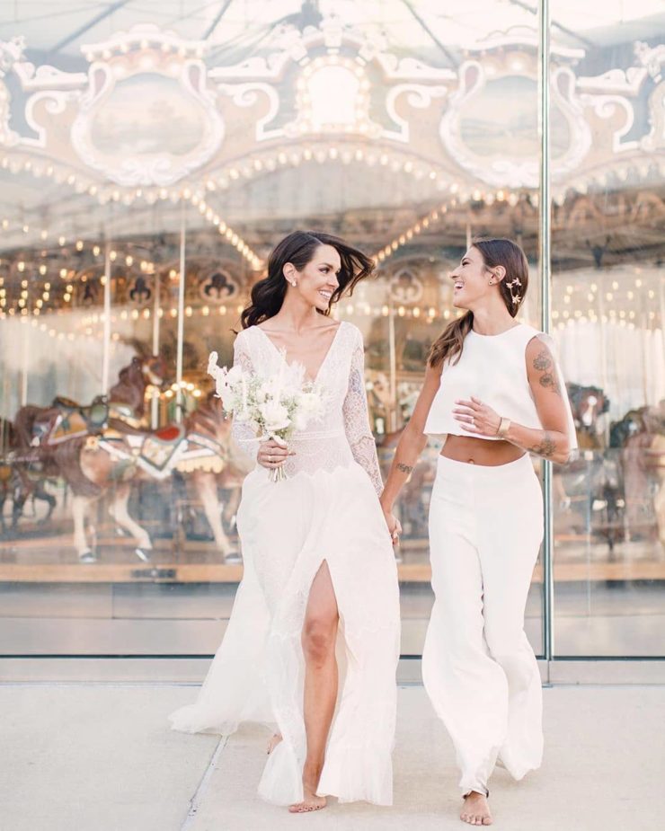 a sexy and chic modern bridal separate with a sleeveless crop top, flare pants to show off the abs and for a boho feel