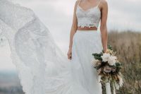 80 a beautiful and romantic bridal look with a spaghetti strap lace crop top and an A-line lace skirt with a train is an amazing idea