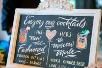a pretty cocktail menu of a chalkboard piece, a chic vintage frame, with a beautifully chalked menu is amazing