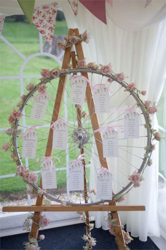 a refined wedding seating plant of an oversized metal wheel with pink blooms and tables on pink ribbon is a lovely idea to rock