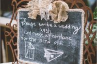 a rustic vintage chalkboard sign on a metal frame, with burlap and lace is a lovely idea for a vintage wedding, you can DIY it