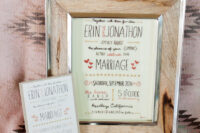 a super cool fully embroidered wedding invitations in a wooden frame is a bold idea for a rustic wedding