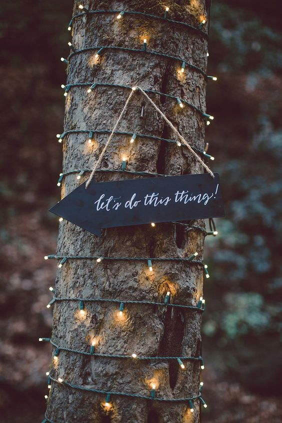 a tree wrapped with lights and with a small arrow chalkboard sign is a lovely idea for a rustic or woodland wedding