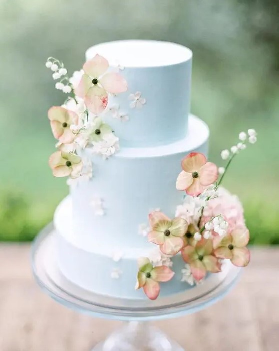 a very delicate pastel blue wedding cake with fresh white and peachy blooms and baby's breath is amazing for a garden wedding