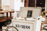 a white vintage ice cream trolley is a classic idea to serve ice cream at your wedding, it’s a great solution to go for