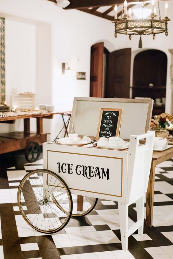 a white vintage ice cream trolley is a classic idea to serve ice cream at your wedding, it's a great solution to go for