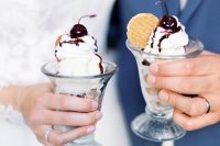 beautiful glasses with ice cream, waffles and cherries plus chocolate is a lovely idea for serving ice cream in a vintage way