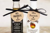 little alcohol bottles with ribbons showing off your partner’s fave alcohol is an easy idea