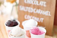 paper glasses with fresh gelato and a menu for serving ice cream in a budget-friendly and eco-friendly way