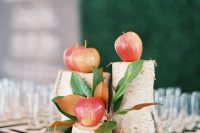 pretty and easy rustic wedding decor of tree stumps, magnolia leaves and apples is amazing for a simple fall wedding
