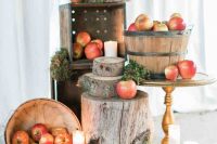 rustic fall wedding decor with a tree stump and wood slices, wooden baskets with apples and moss and greenery