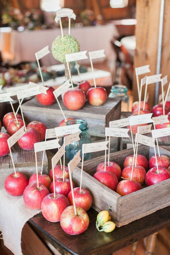 wooden crates with apples and cards are amazing for serving apples as escort cards and favors at the same time