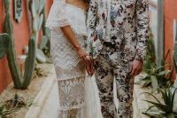a bright floral print suit and a matching tie, a white shirt, brown loafers for a tropical groom’s look