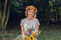 a bright summer to fall wedding crown with hot pink, lilac, fuchsia blooms, sunflowers is a very cool and pretty idea for a boho bride