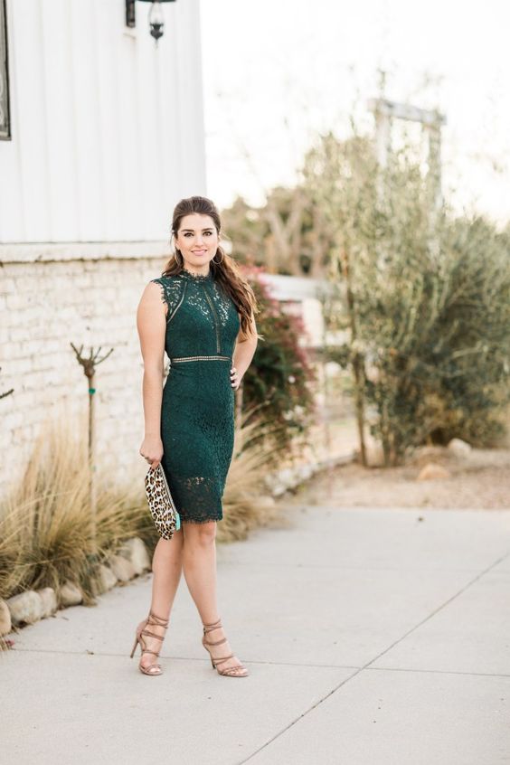 a dark green lace knee sleeveless dress, nude strappy shoes and a leopard clutch for a sexy feel