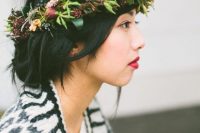 a fall bridal crown with berries, blooms, greenery and foliage and some twigs is a very cool idea for a rustic or boho bride