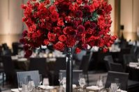 a lush and beautiful red rose wedding centerpiece with burgundy dahlias is a stunning idea for a Valentine’s Day
