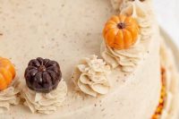 a pretty and cute pumpkin spice wedding cake with buttercream and buttercream decor, chocolate pumpkins for  aflal wedding