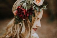 a pretty fall floral crown with blush and burgundy blooms and eucalyptus will always work for a fall bride