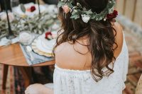 a pretty fall floral crown with white, blush, deep red blooms, berries and greenery is a stylish idea for a boho bride